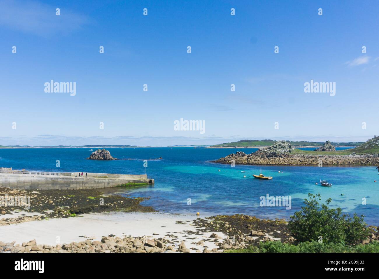 View overlooking the harbour of St Agnes, Isles of Scilly, UK Stock