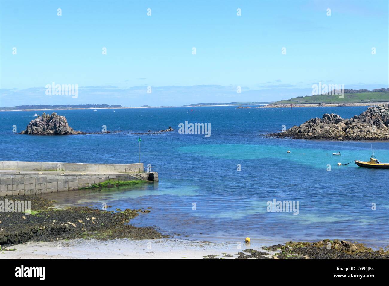 View overlooking the harbour of St Agnes, Isles of Scilly, UK Stock