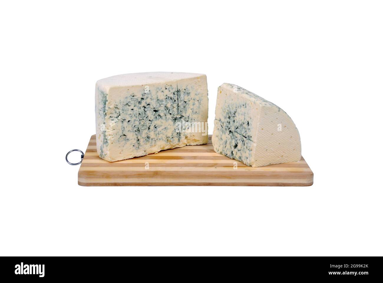 Traditional moldy soft blue cheese, on cutting board, isolated on white