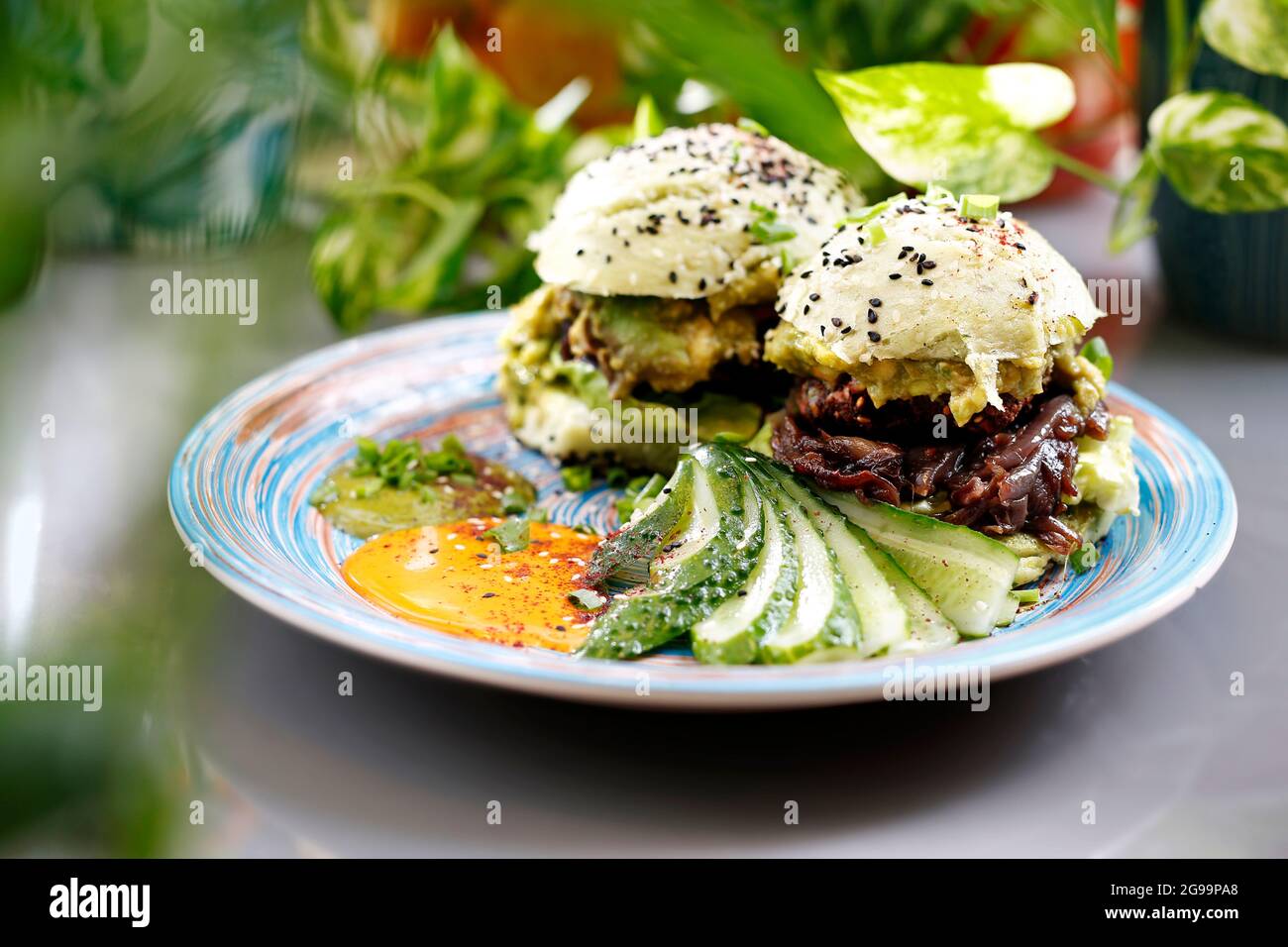 Sandwich with vegetables, fried red onion and avocado salad served with fresh cucumber and humus. Dish on a plate, food photography, serving proposal. Stock Photo