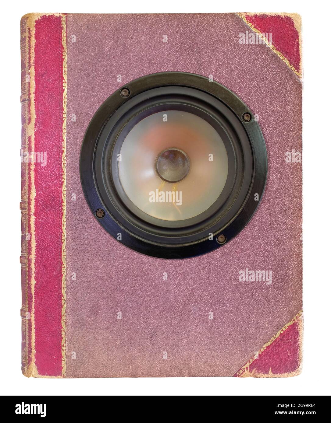 audio book concept with vintage book and loudspeaker,literature,entertainment,education,free copy space isolated on white Stock Photo