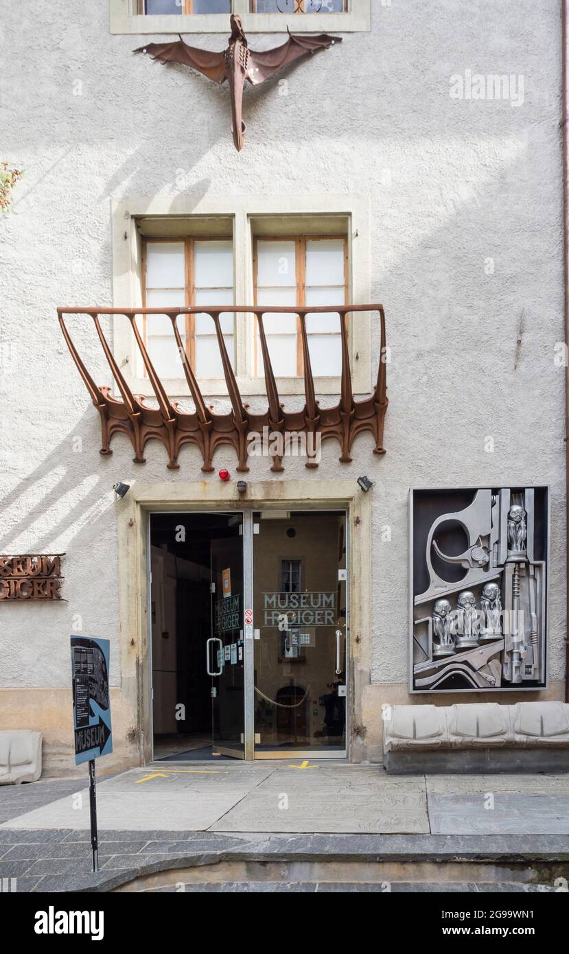 Entrance to the H. R. Giger museum in the medieval chateau of the village Gruyere, Switzerland. Stock Photo