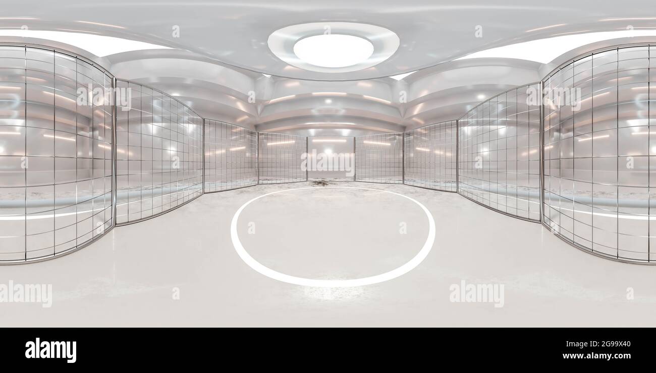 full 360 degree panorama virtual environment map of mma cage in industrial hall 3d render illustration hdri hdr vr style Stock Photo