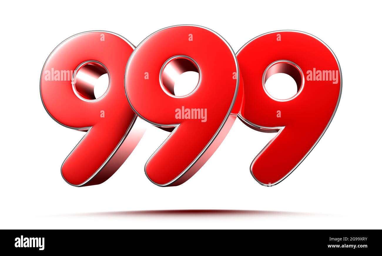 Rounded red numbers 999 on white background 3D illustration