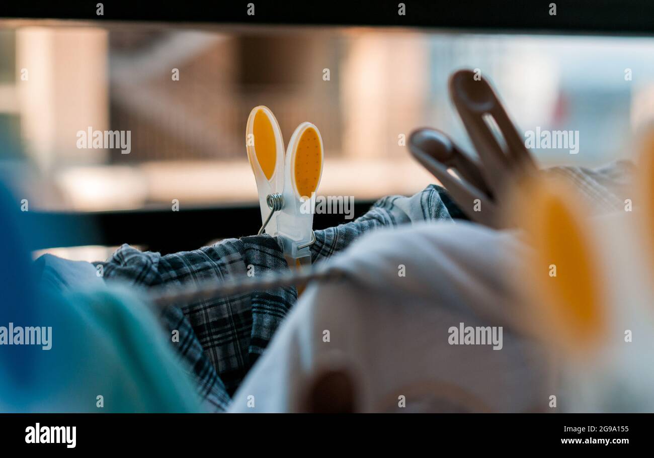 Laundry pins on ropes at home Stock Photo