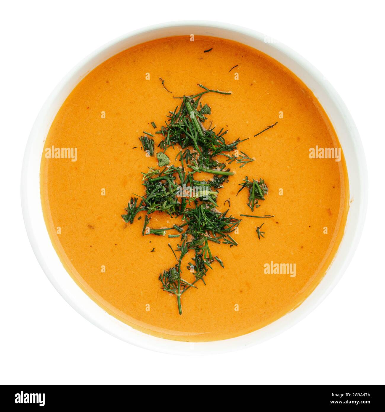 Isolated lentil cream soup with dill and croutons Stock Photo
