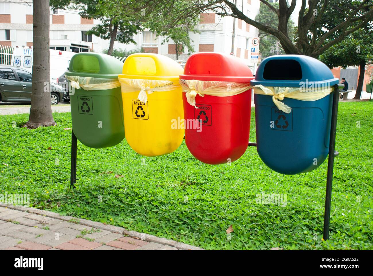 Colored selective bins for recyclable waste. São Paulo, Brasil Stock Photo