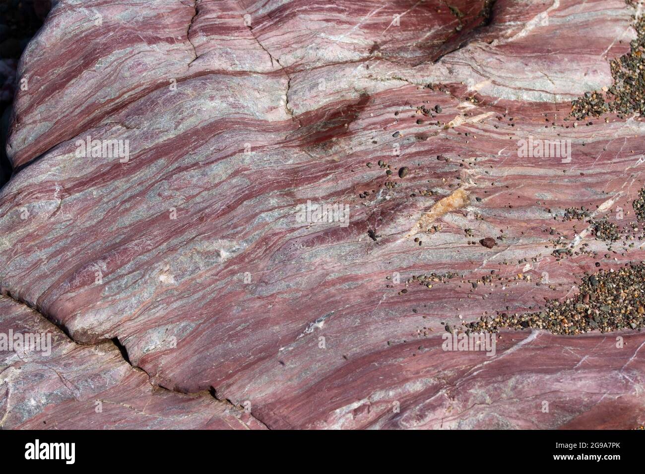 Colourful Metamorphic Rocks on the beach at Cemlyn Bay Nature Reserve on the north coast of Anglesey. Stock Photo