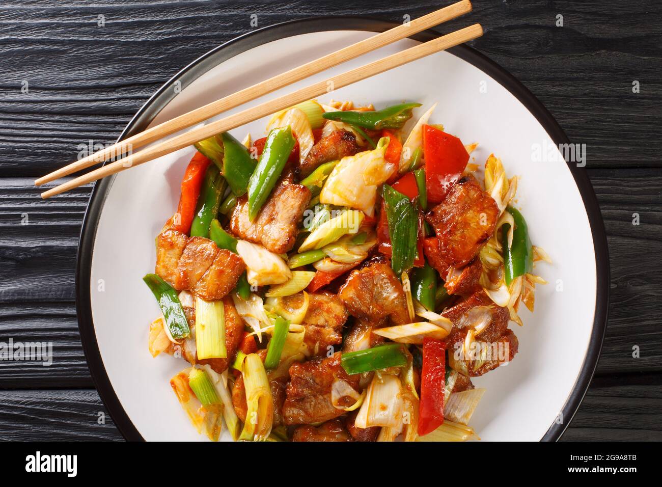 Twice Cooked Pork Hui Guo Rou Szechuan Pork Stir Fry Closeup In The Plate On The Wooden Table Horizontal Top View From Above Stock Photo Alamy