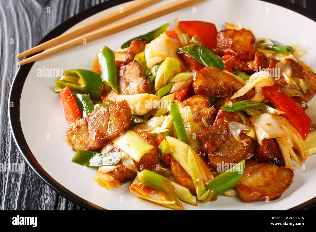 Twice Cooked Pork Hui Guo Rou Szechuan Pork Stir Fry Closeup In The Plate On The Wooden Table Horizontal Stock Photo Alamy