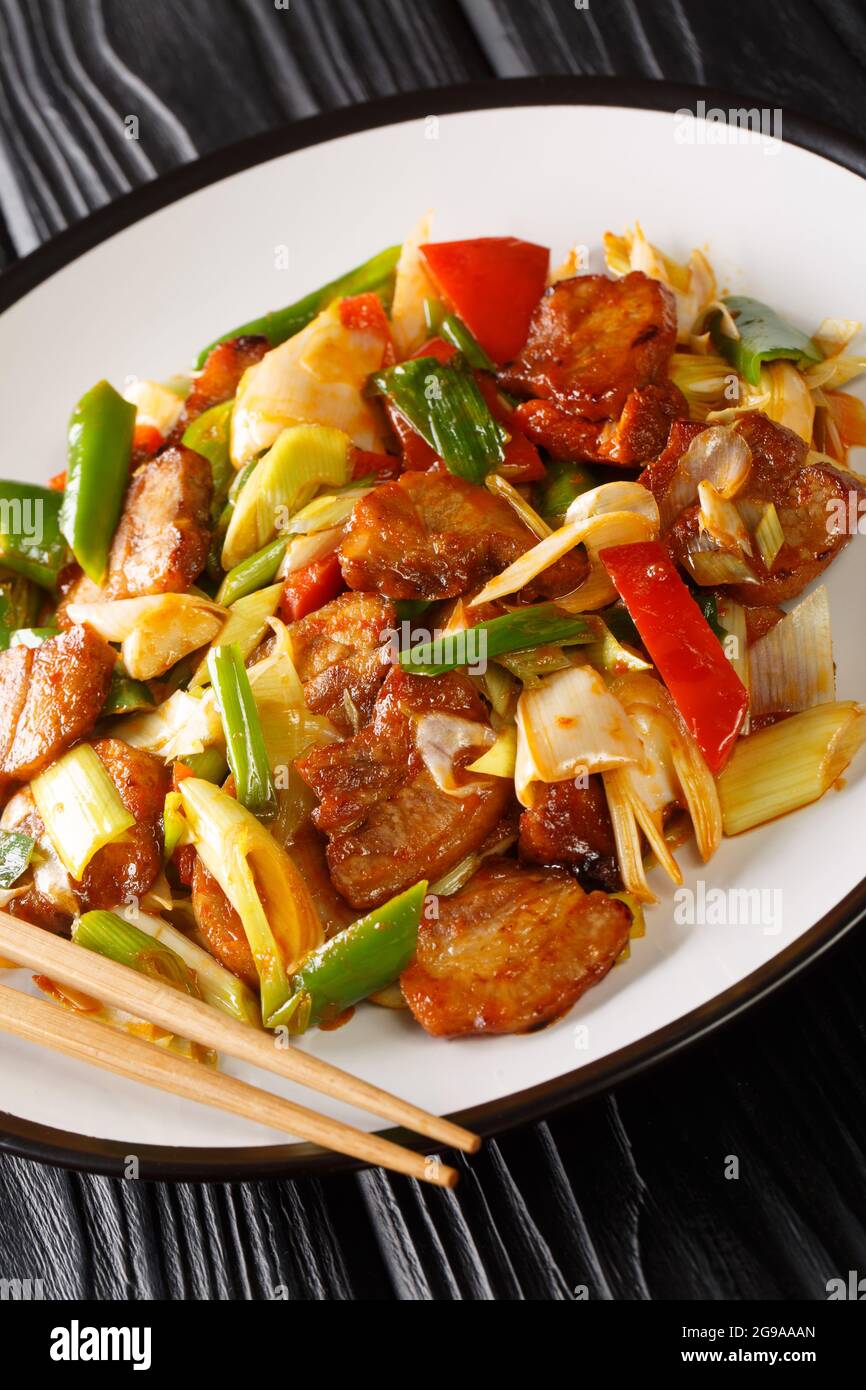 Twice Cooked Pork Or Hui Guo Rou Is A Sichuan Dish Of Spicy Seared Pork Belly Closeup In The Plate On The Wooden Table Vertical Stock Photo Alamy Twice Cooked Pork Or Hui Guo Rou Is A Sichuan Dish Of Spicy Seared Pork Belly Closeup In The Plate On The Wooden Table Vertical Stock Photo Alamy