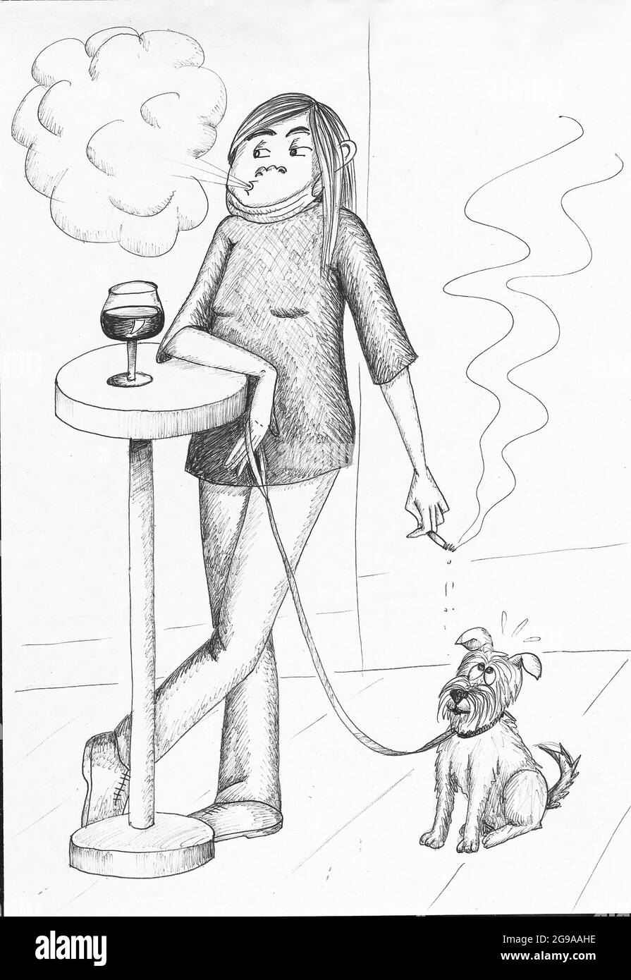 Smoker drinking wine with her dog. Illustration. Stock Photo