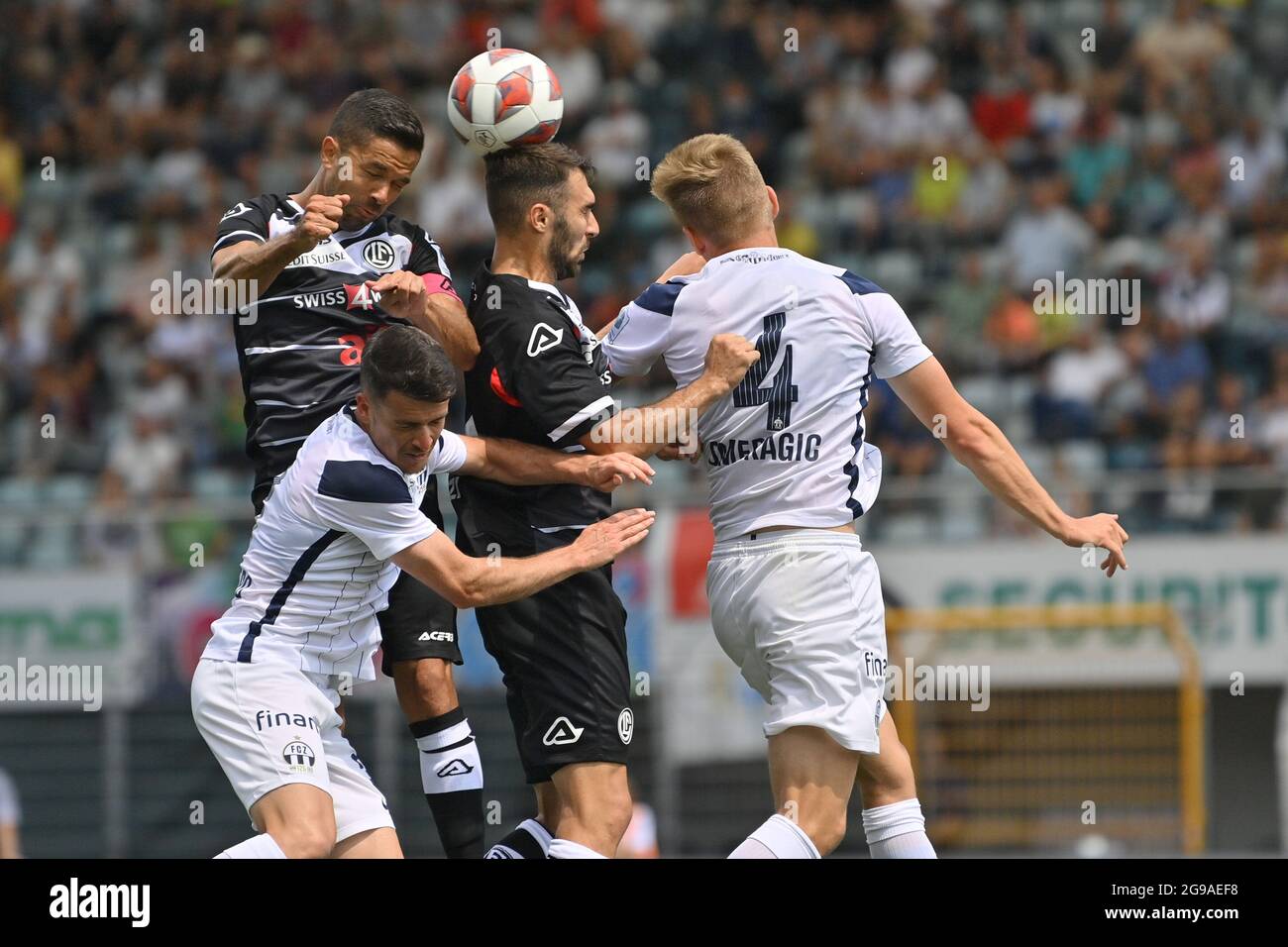 Lugano, Switzerland. 25th July, 2021. Antonio Marchesano (#10 FC Zuerich)  and Sandi Lovric (#24 FC Lugano) during the Super League match between FC  Lugano and FC Zuerich at Cornaredo Stadium in Lugano