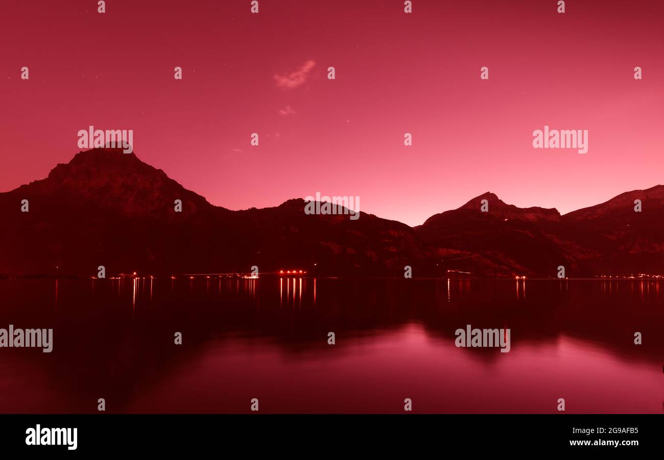 Night panorama. Alps mountains. Lake Uri. Switzerland. Stock Photo