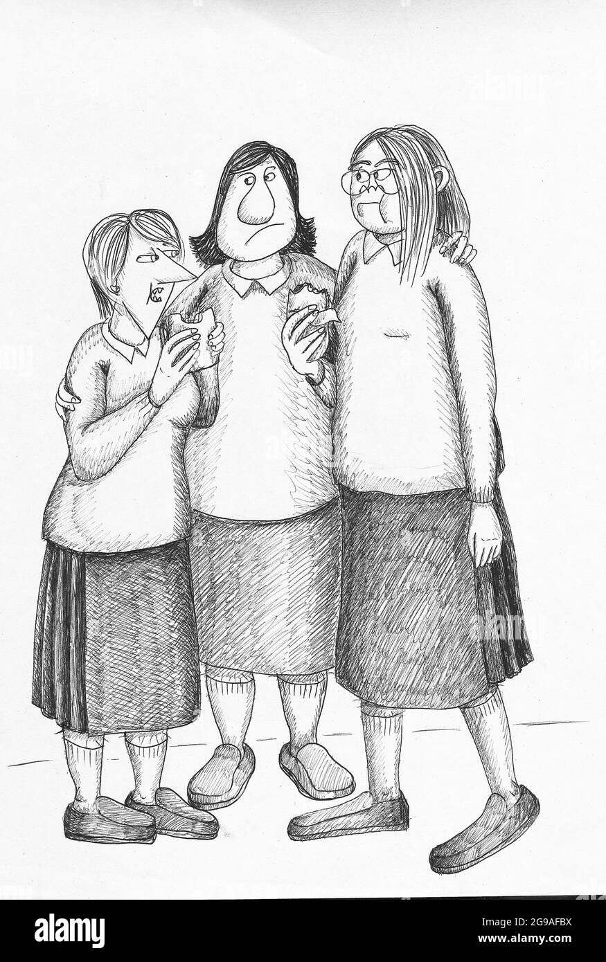 Three schoolgirls wearing uniform. Illustration. Stock Photo