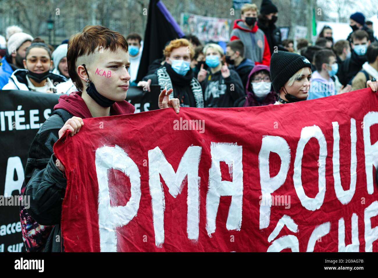 Manifestation pour 'LA PMA POUR TOUS' à Paris le 31 janvier 2021. Stock Photo