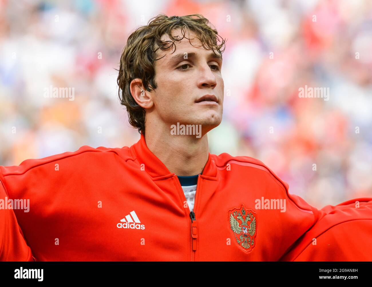 Moscow, Russia - July 1, 2018. Russia national football team defender Mario Fernandes before FIFA World Cup 2018 Round of 16 match Spain vs Russia. Stock Photo