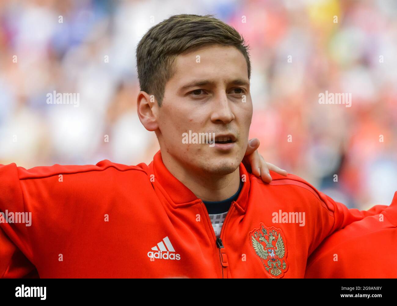 Moscow, Russia - July 1, 2018. Russia national football team midfielder Daler Kuzyaev before FIFA World Cup 2018 Round of 16 match Spain vs Russia. Stock Photo