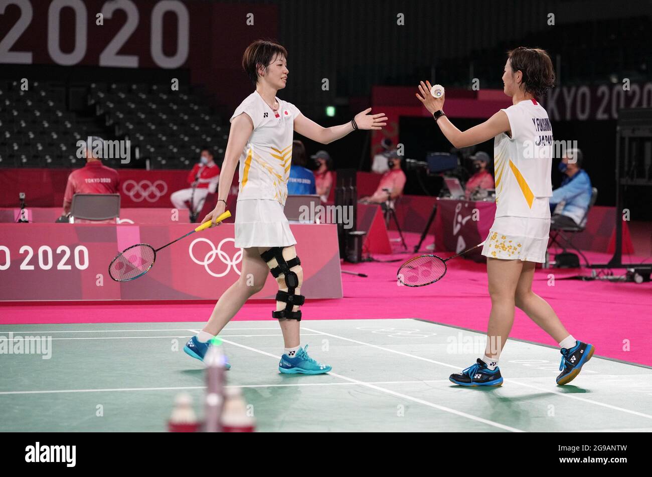 Tokyo Japan 25th July 2021 Hirota Sayaka L Of Japan Is Seen With A Knee Brace During A Badminton Women S Doubles Group A Match At The Tokyo 2020 Olympic Games In Tokyo