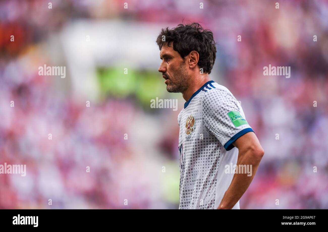 Moscow, Russia - July 1, 2018. Russia national football team midfielder Yury Zhirkov during FIFA World Cup 2018 Round of 16 match Spain vs Russia Stock Photo