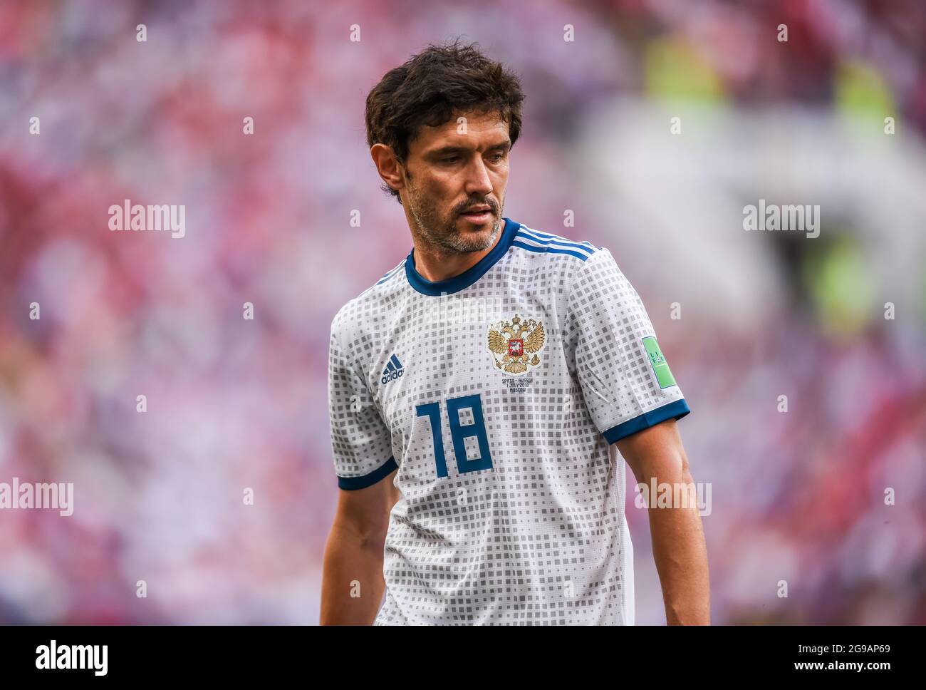 Moscow, Russia - July 1, 2018. Russia national football team midfielder Yury Zhirkov during FIFA World Cup 2018 Round of 16 match Spain vs Russia. Stock Photo