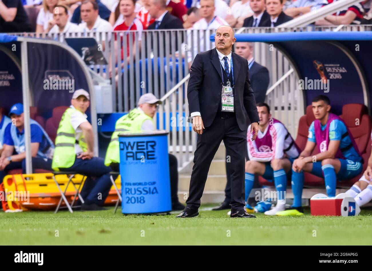 Moscow, Russia - July 1, 2018. Russia national football team coach Stanislav Cherchesov during FIFA World Cup 2018 Round of 16 match Spain vs Russia Stock Photo