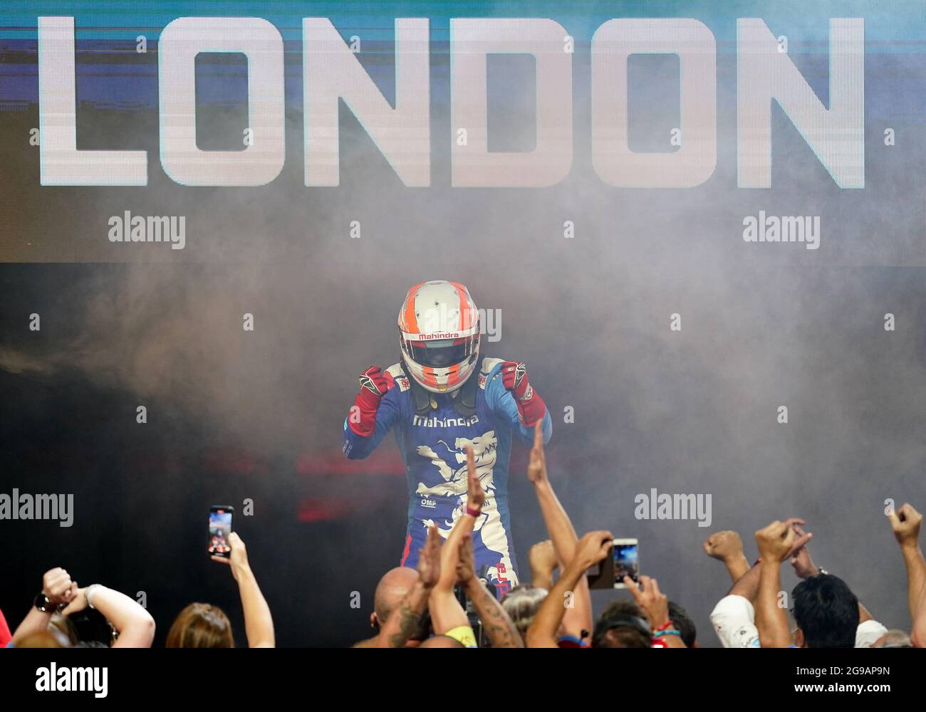 Mahindra Racing's Alex Lynn celebrates the win during the Heineken ...