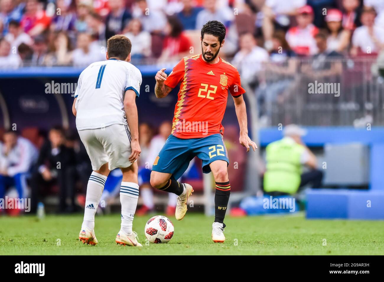 Moscow, Russia – July 1, 2018. Spain national football team midfielder David Silva in action during  FIFA World Cup 2018 Round of 16 match Spain vs Ru Stock Photo