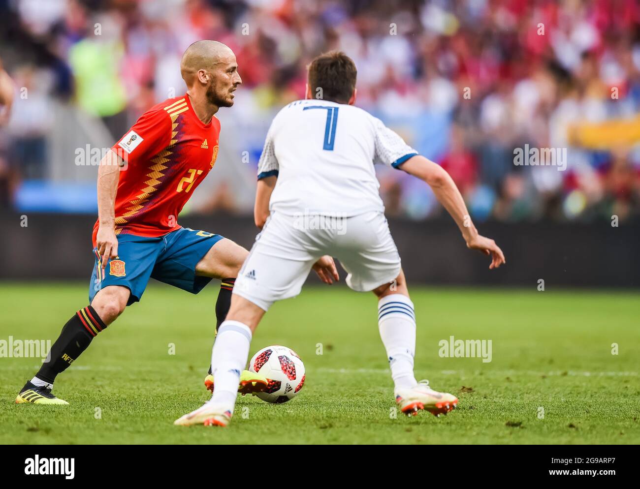Moscow, Russia - July 1, 2018. Spain national football team midfielder David Silva in action during FIFA World Cup 2018 Round of 16 match Spain vs Rus Stock Photo