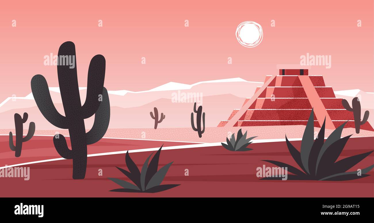 Aztec altar pyramid in wild landscape in Mexico, Maya civilization vector illustration. Cartoon stone ancient ziggurat, Mayan temple building in Mexican hot desert scenery, archeology background Stock Vector