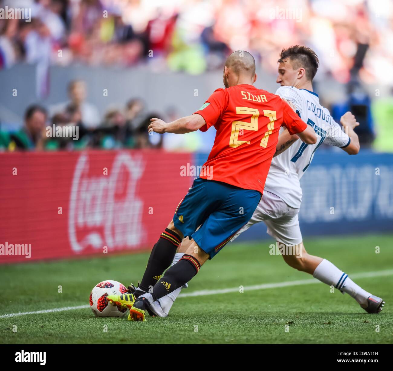 Moscow, Russia - July 1, 2018. Spain national football team midfielder David Silva against Russia midfielder Aleksandr Golovin during FIFA World Cup 2 Stock Photo