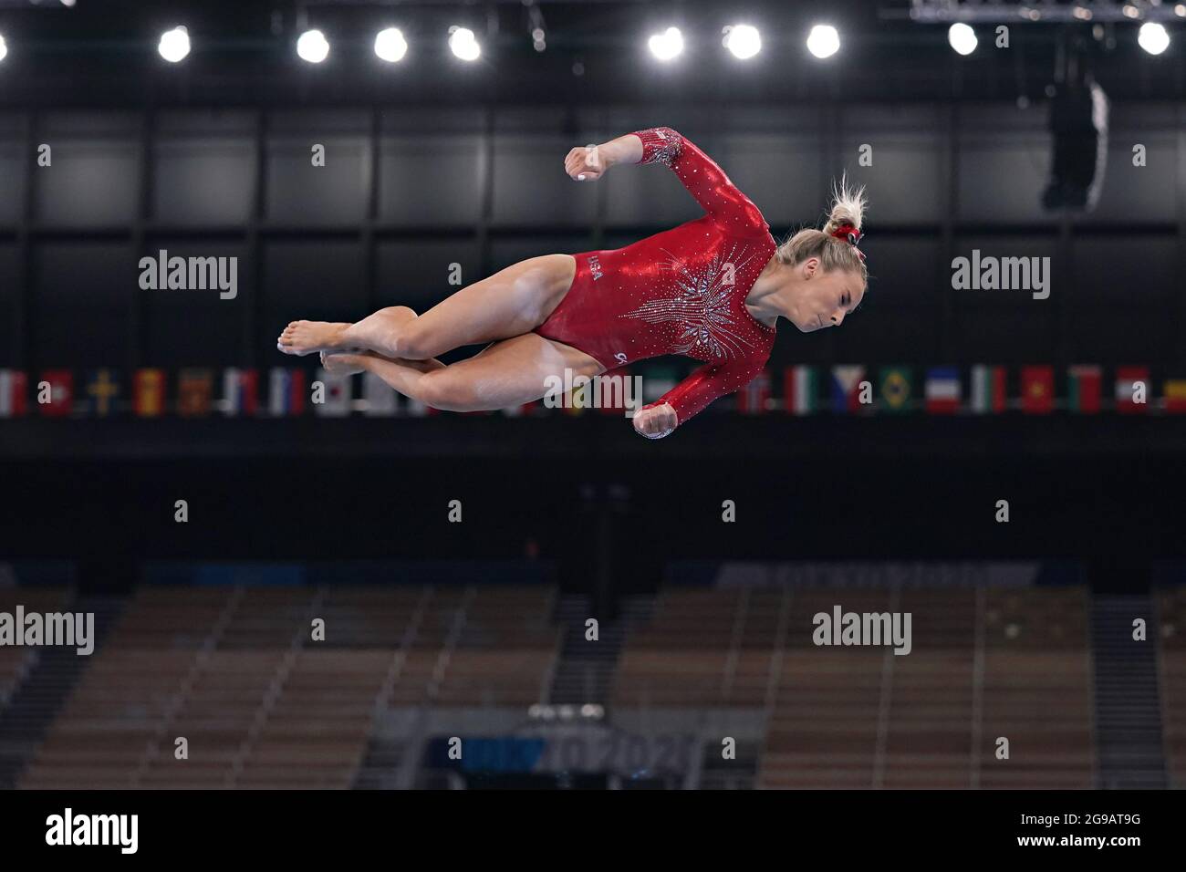 Tokyo, Japan. 25th July, 2021. United States Artistic Gymnast Mykayla Skinner during her qualifying round on the balance beam at Ariake Gymnastics Centre at the Tokyo Olympic Games in Tokyo, Japan, on Sunday July 25, 2021. Photo by Richard Ellis/UPI. Credit: UPI/Alamy Live News Stock Photo