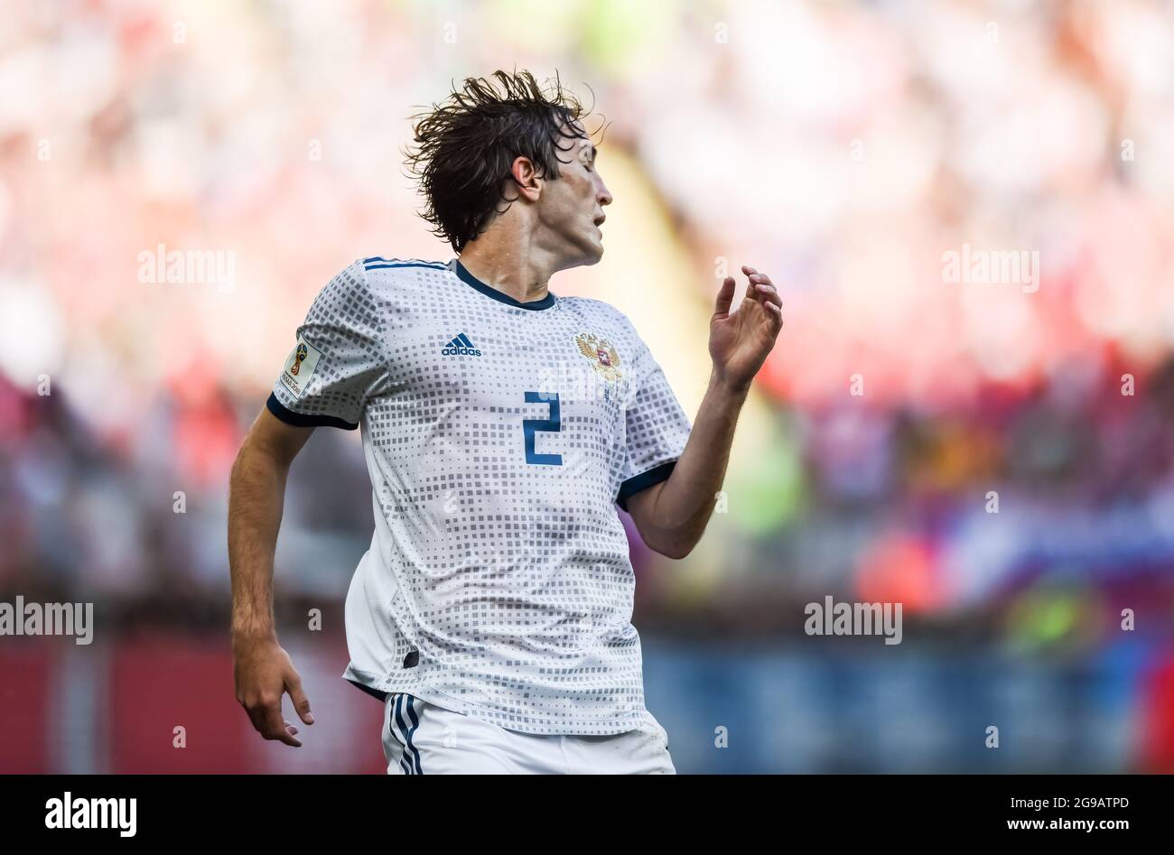 Moscow, Russia - July 1, 2018. Russia national football team defender Mario Fernandes during FIFA World Cup 2018 Round of 16 match Spain vs Russia. Stock Photo