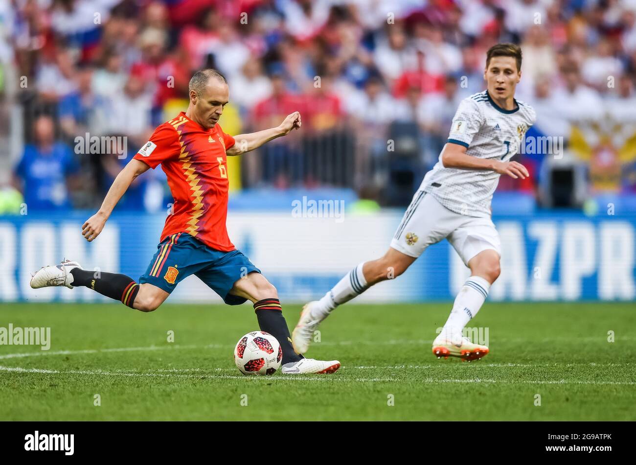 Moscow, Russia - July 1, 2018. Spain national football team midfielder Andres Iniesta performing a cross during FIFA World Cup 2018 Round of 16 match Stock Photo