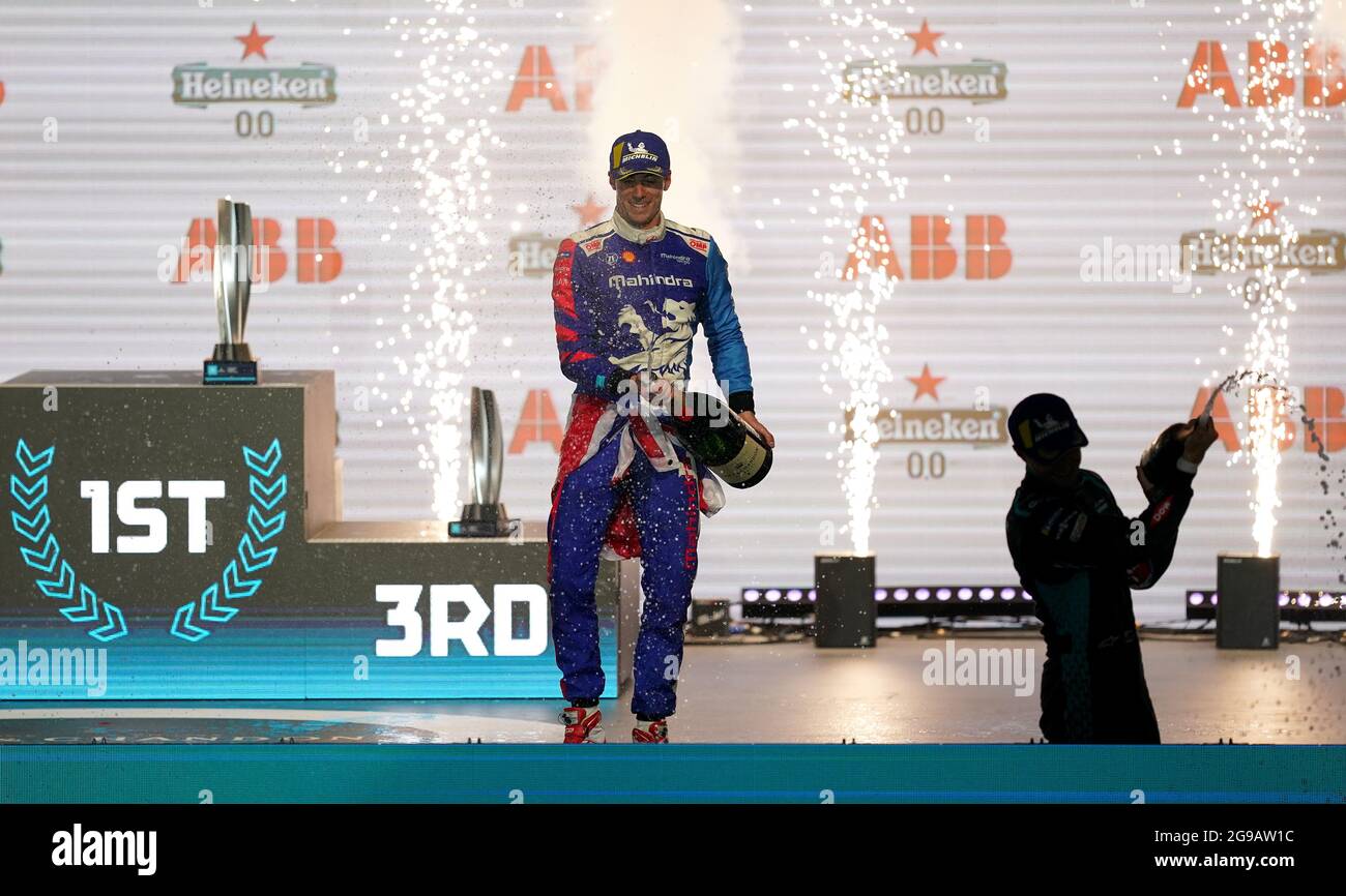 Mahindra Racing's Alex Lynn celebrates the win with champagne after the ...