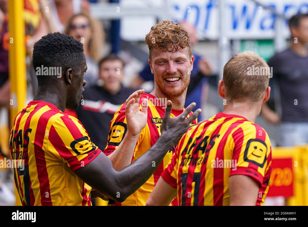 Mechelen Belgium July 25 Ferdy Druijf Of Kv Mechelen Samuel Oum Gouet Of Kv Mechelen Nikola Storm Of Kv Mechelen Celebrate After Scoring The Winning Goal During The Jupiler Pro League