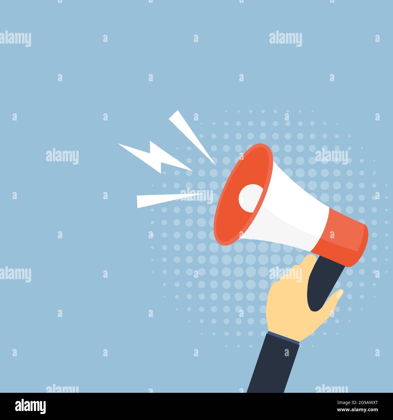 Hand businessman megaphone with copy space on blue background