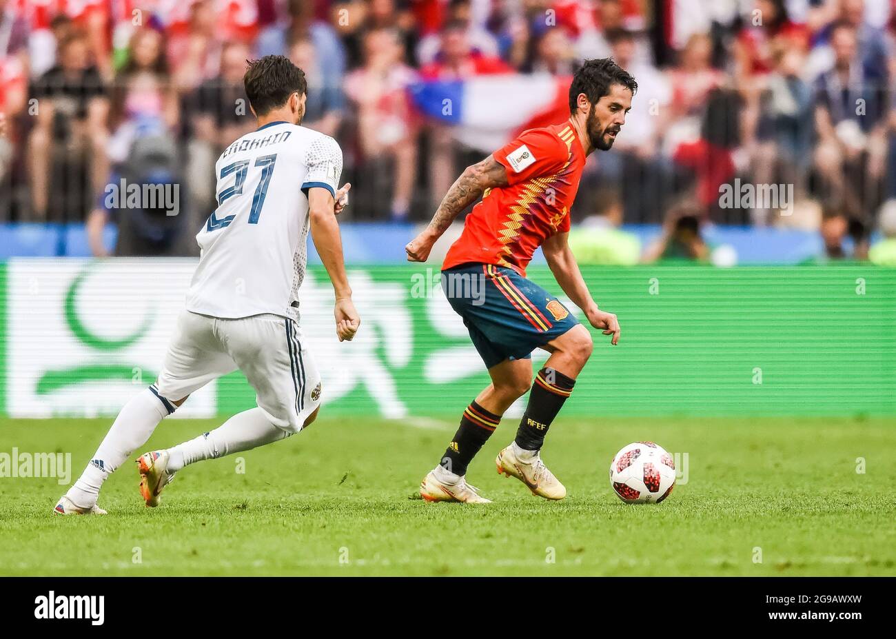 Moscow, Russia - July 1, 2018. Spain national football team midfielder David Silva against Russia midfielder Alexander Erokhin during FIFA World Cup 2 Stock Photo
