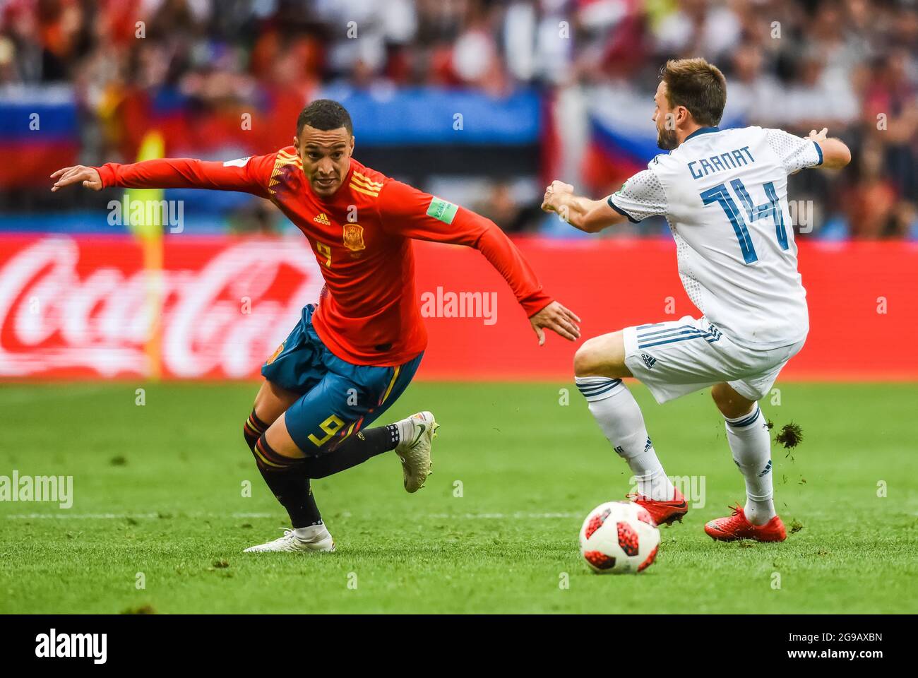 Moscow, Russia - July 1, 2018. Spain national football team winger Rodrigo and Russia midfielder Vladimir Granat during FIFA World Cup 2018 Round of 1 Stock Photo