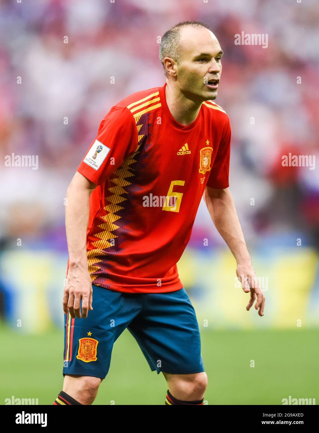Moscow, Russia – July 1, 2018. Spain national football team midfielder Andres Iniesta during FIFA World Cup 2018 Round of 16 match Spain vs Russia Stock Photo