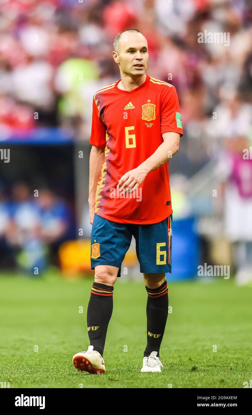 Moscow, Russia – July 1, 2018. Spain national football team midfielder Andres Iniesta during FIFA World Cup 2018 Round of 16 match Spain vs Russia. Stock Photo