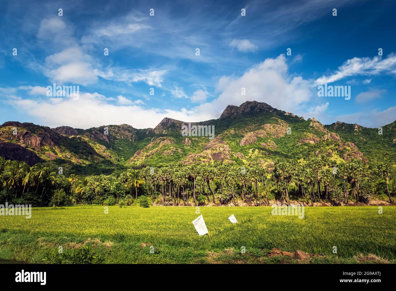 Beautiful landscape with mountain and blue sky background in Nagercoil. Tamil Nadu, South India. Stock Photo