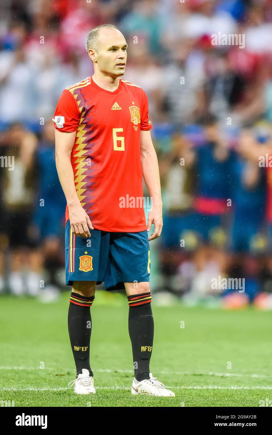 Moscow, Russia – July 1, 2018. Spain national football team midfielder Andres Iniesta during FIFA World Cup 2018 Round of 16 match Spain vs Russia. Stock Photo