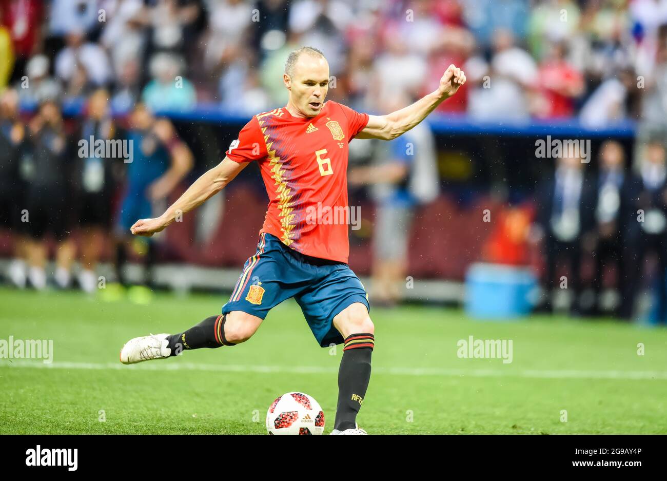 Moscow, Russia – July 1, 2018. Spain national football team midfielder Andres Iniesta performing a penalty kick during a penalty shootout in FIFA Worl Stock Photo