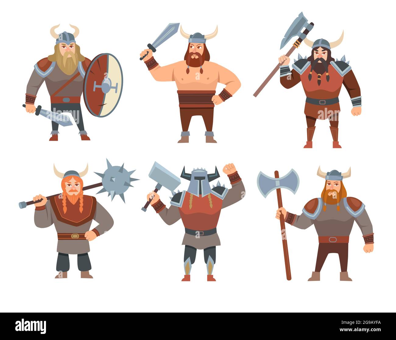 Cartoon Vikings Vector Illustrations Set Medieval Soldiers People In Costumes Or Warriors Isolated On White Background Scandinavian Mythology Norw Stock Vector Image Art Alamy
