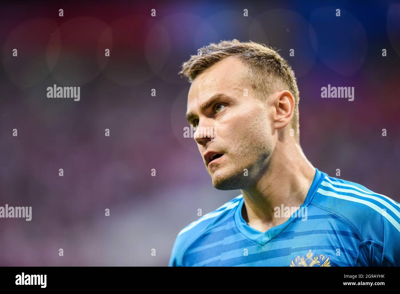 Moscow, Russia - July 1, 2018. Russia national football team goalkeeper Igor Akinfeev during penalty shootout in FIFA World Cup 2018 Round of 16 match Stock Photo