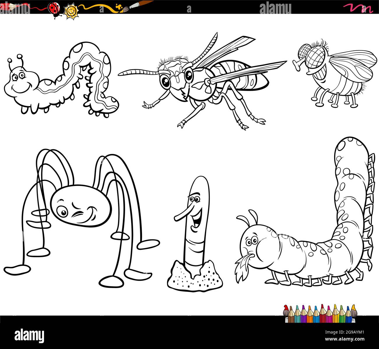 Black and white cartoon illustration of insects animals comic characters set coloring book page Stock Vector