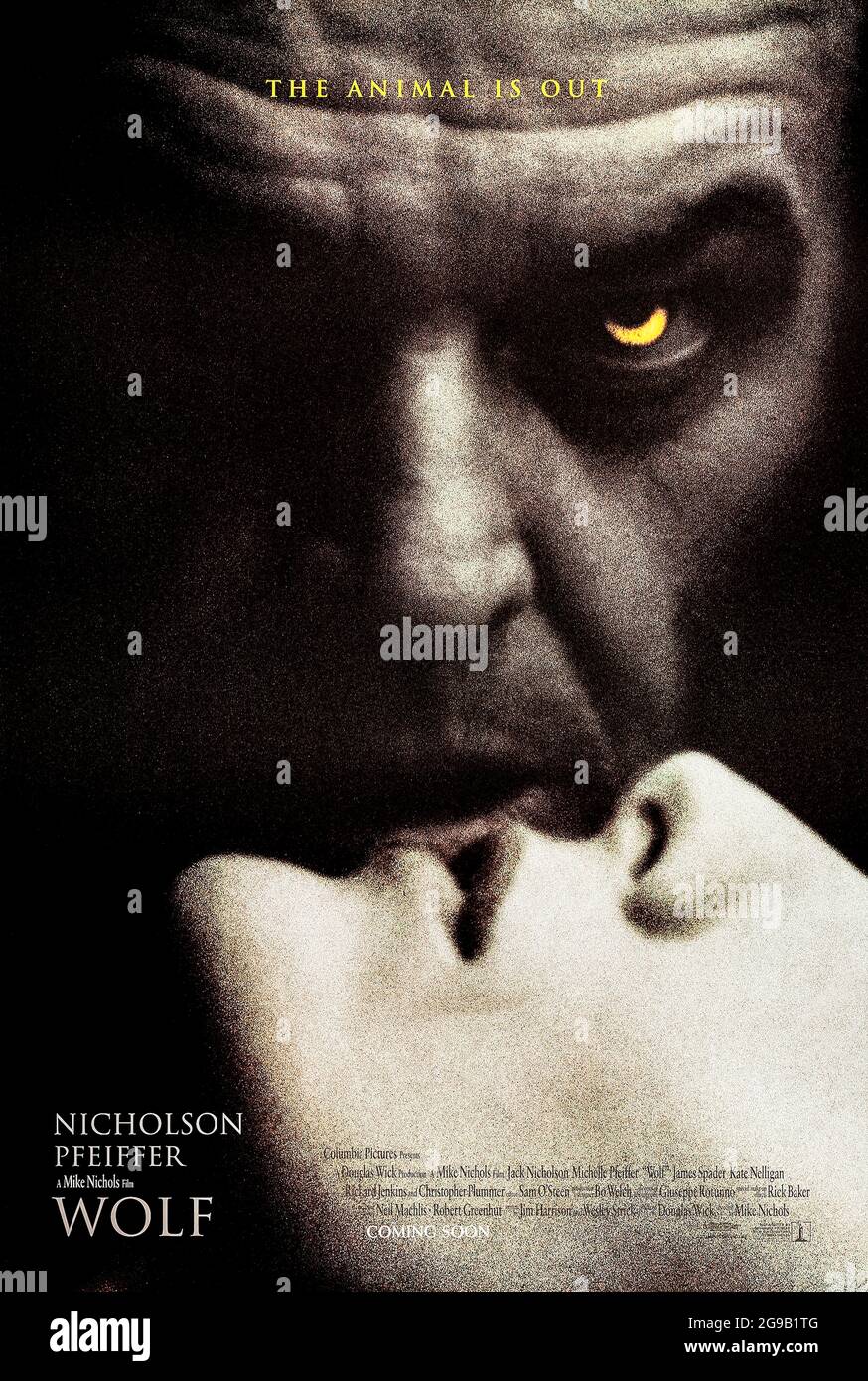 Wolf (1994) directed by Mike Nichols and starring Jack Nicholson, Michelle Pfeiffer and James Spader. An aging publisher gets a new lease of life when he gets bitten by a werewolf. Stock Photo