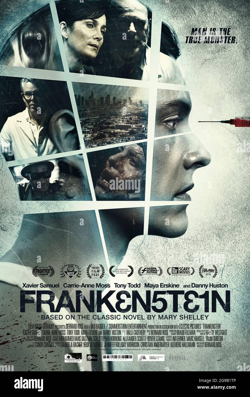 Frankenstein (2015) directed by Bernard Rose and starring Xavier Samuel, Carrie-Anne Moss and Danny Huston. Modern adaptation of Mary Shelley's classic novel about a scientist who creates an artificial man trying to find his way in a world that is new to him. Stock Photo