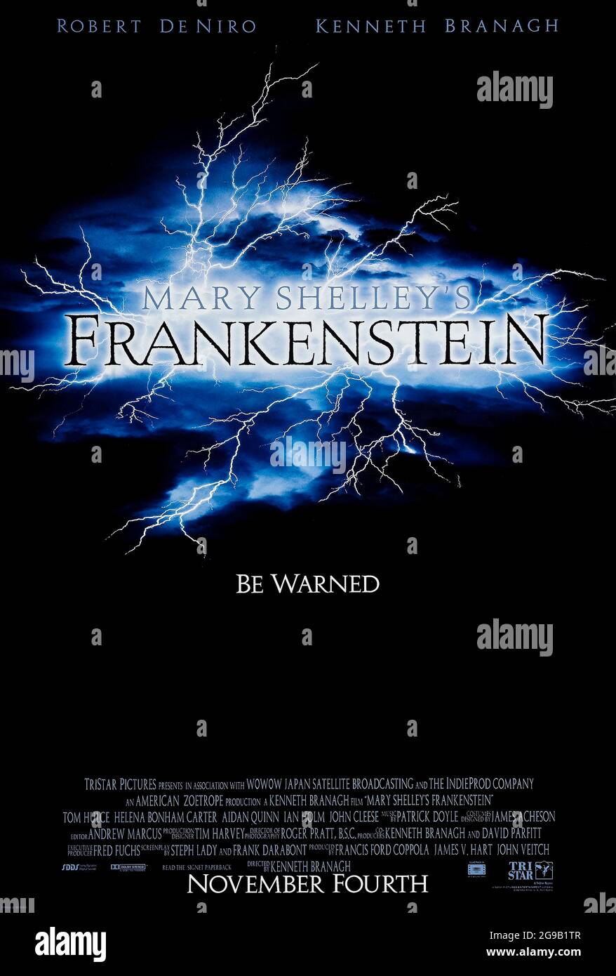 Mary Shelley's Frankenstein (1994) directed by Kenneth Branagh and starring Robert De Niro, Kenneth Branagh, Helena Bonham Carter and Tom Hulce. Big screen adaptation of Mary Shelley's novel about a scientist Dr. Victor Frankenstein who creates an artificial man out to revenge his creator. Stock Photo